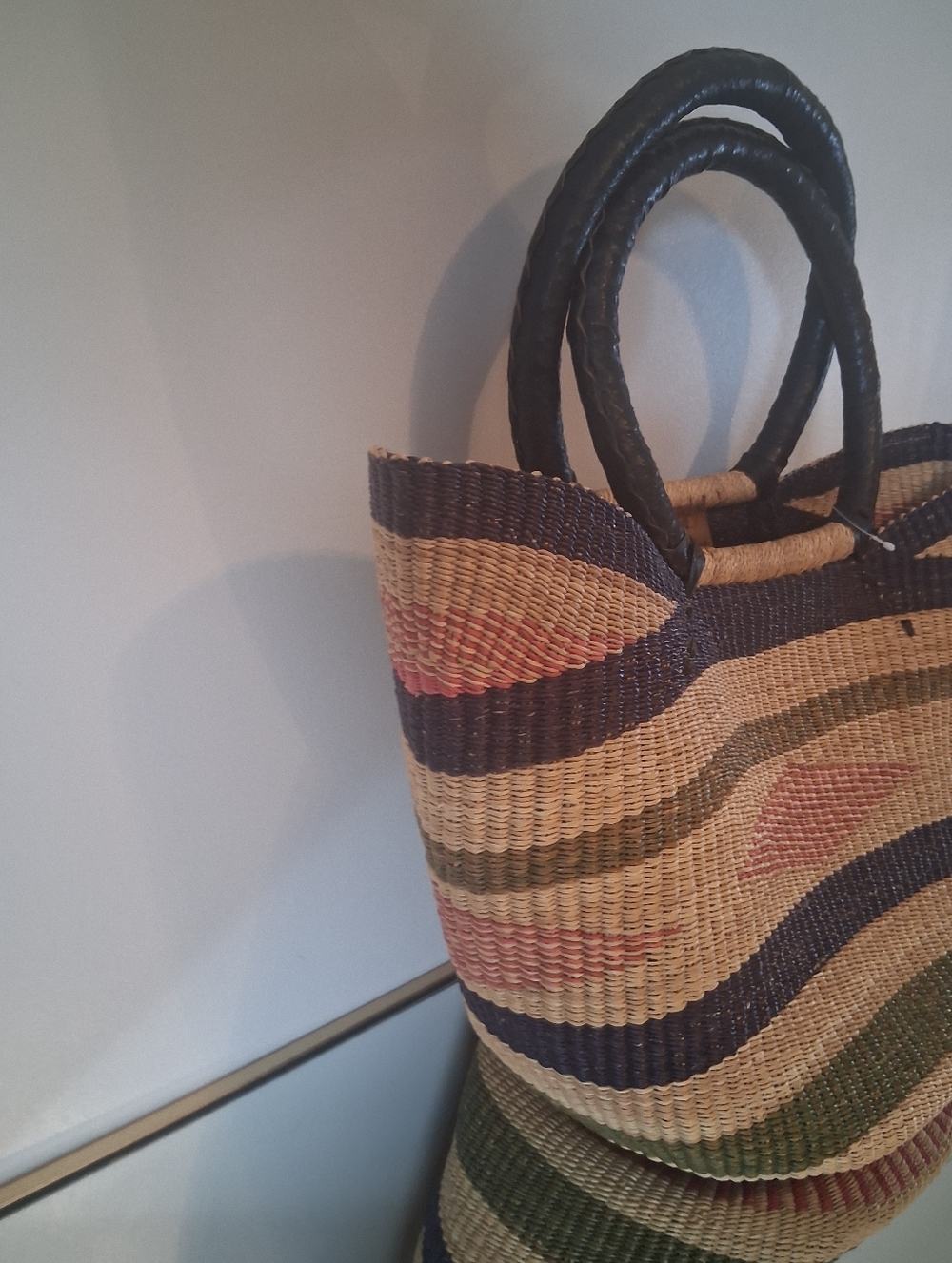 Authentic African Ghanaian Bolga Multicolored Handwoven Straw Market Basket - Picture 3 of 8